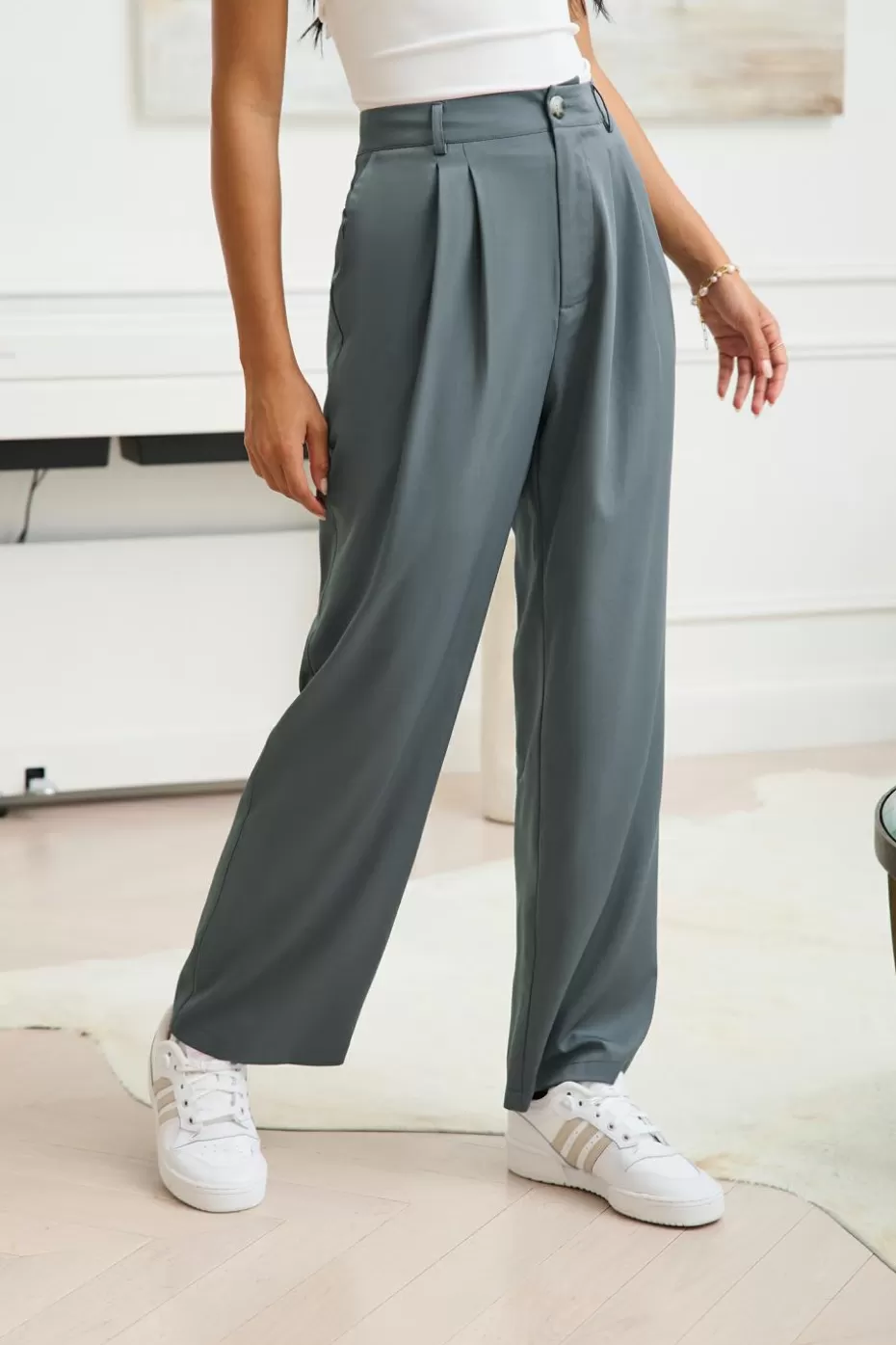 Hot Cupshe Blue High-Rise Straight Pants Grey