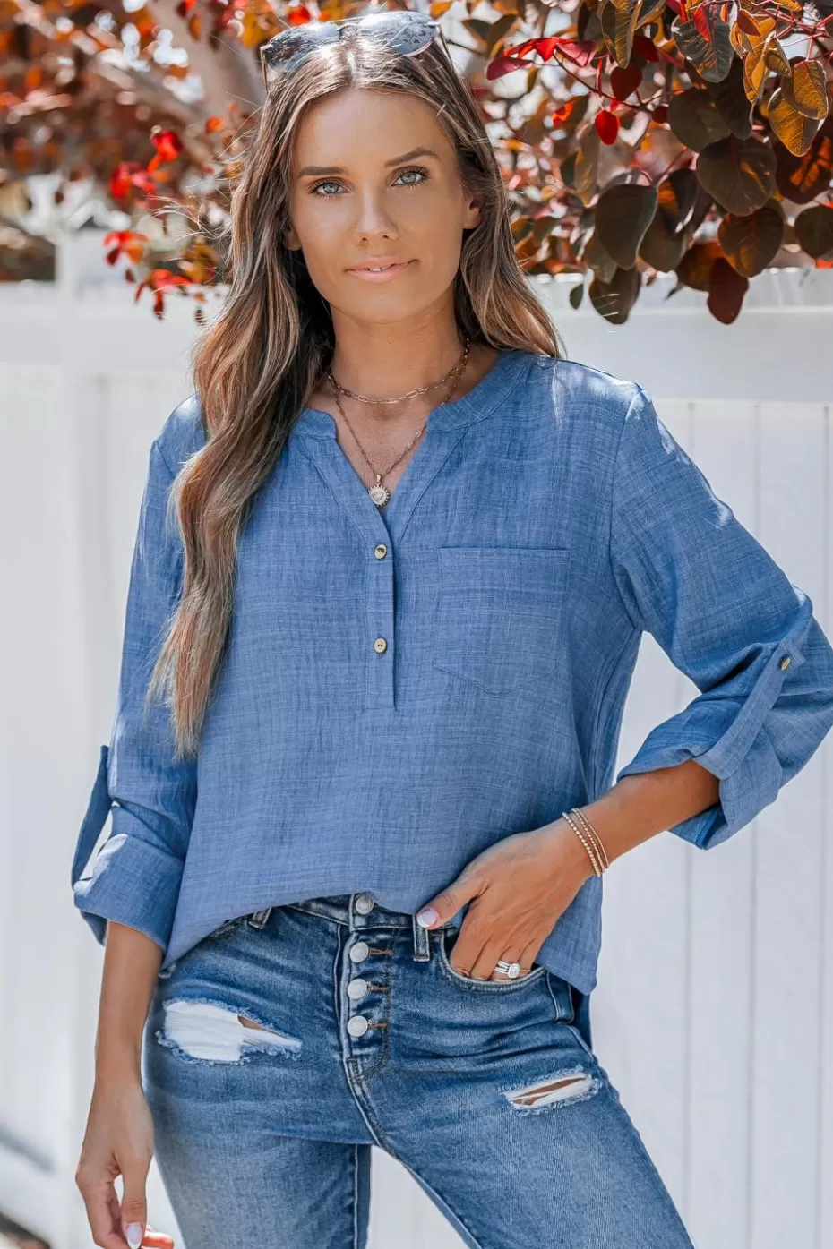 Fashion Cupshe Long Sleeve Button Tab Top Blue
