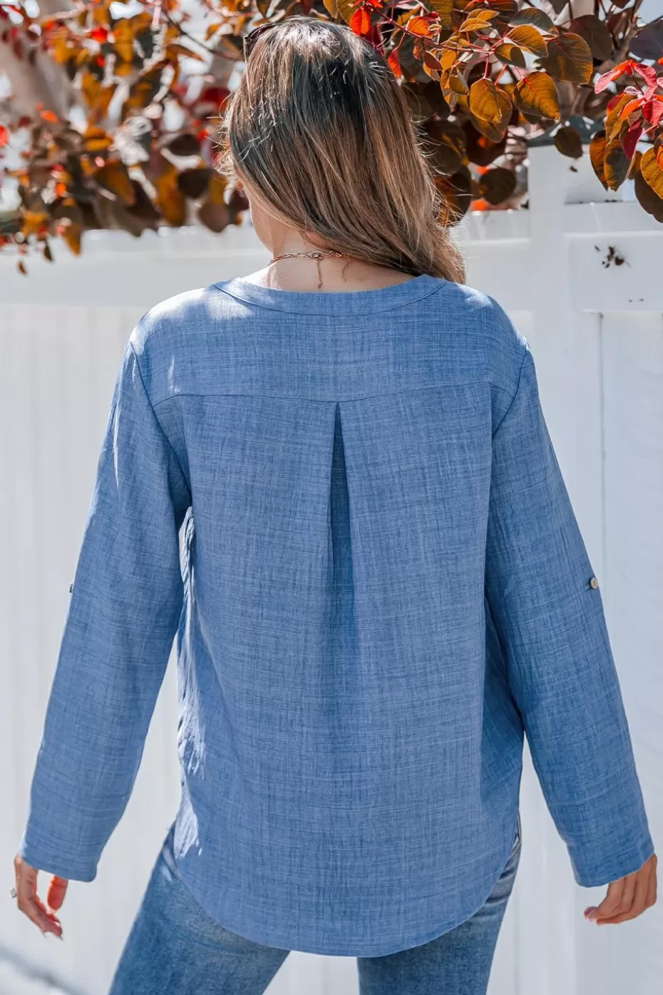 Fashion Cupshe Long Sleeve Button Tab Top Blue