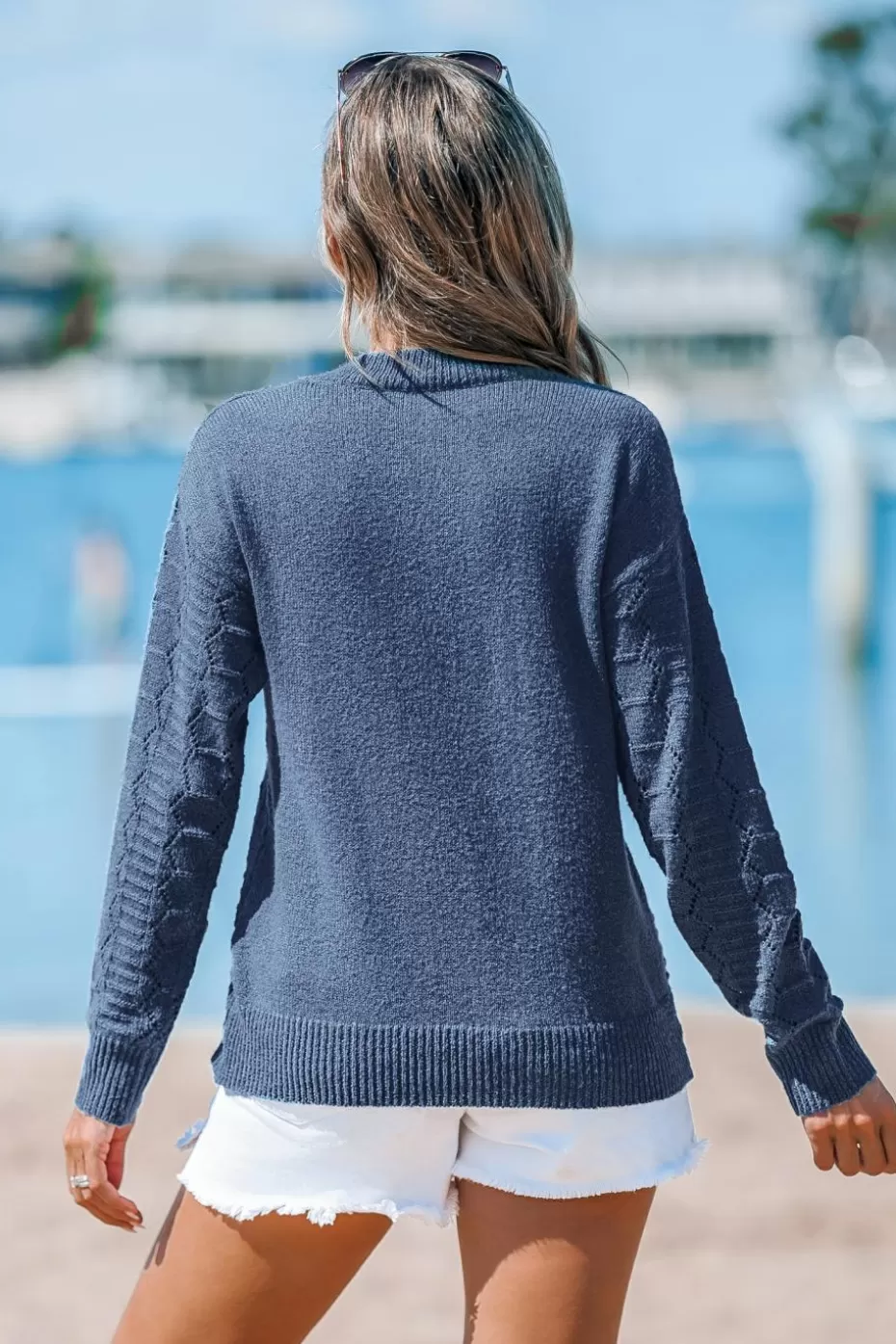 Cheap Cupshe Long Sleeve V-Neck Sweater Blue