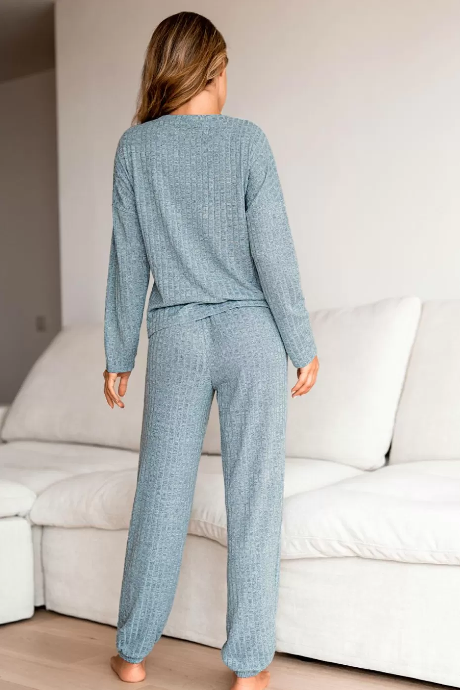 Hot Cupshe Ribbed Knit Long Sleeve Tee & Pants Pajama Set Blue