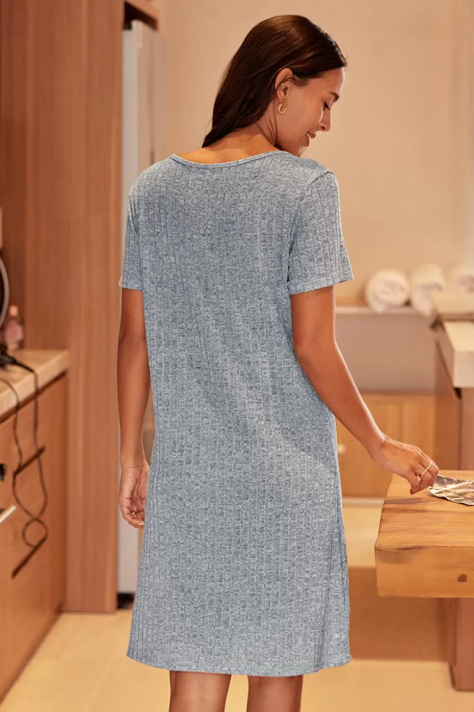 Best Sale Cupshe Blue Ribbed Short Sleeve Nightgown Light Blue