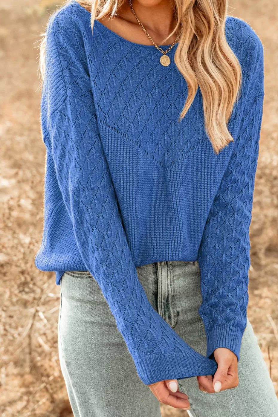 Hot Cupshe Round Neck Long Sleeve Sweater Top Blue