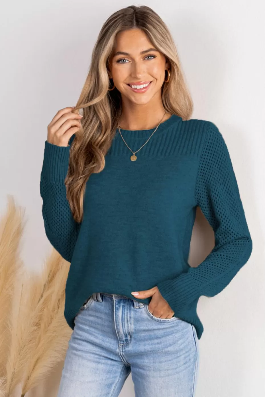 Flash Sale Cupshe Round Neck Perforated Long Sleeve Sweater Blue