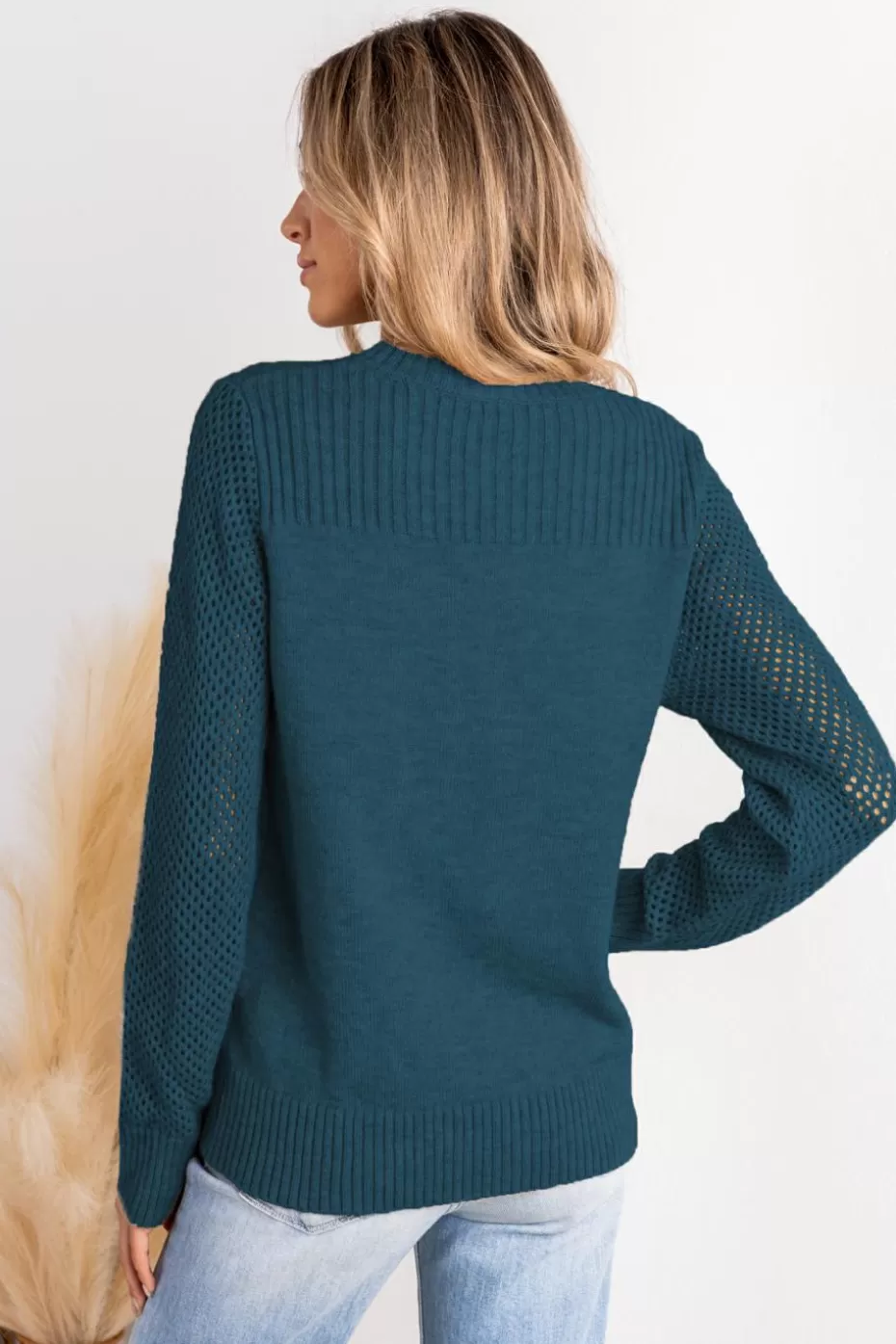 Flash Sale Cupshe Round Neck Perforated Long Sleeve Sweater Blue