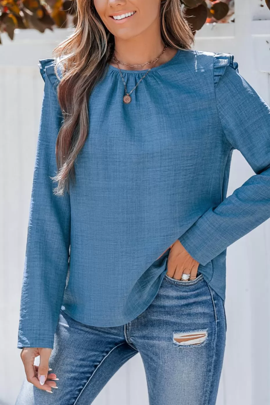 Outlet Cupshe Round Neck Ruffled Shoulder Long Sleeve Blouse Blue