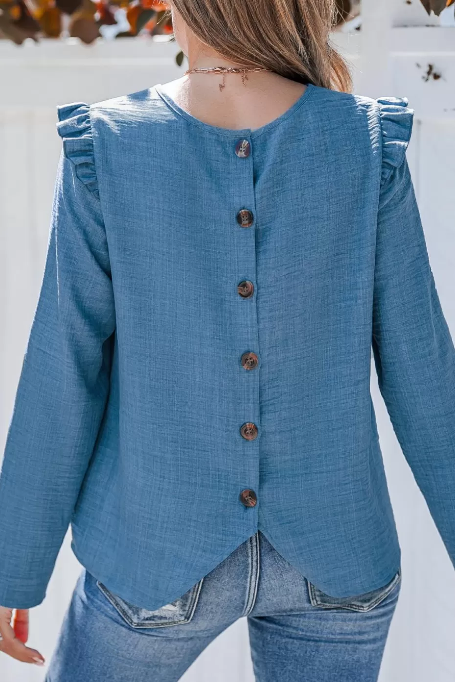 Outlet Cupshe Round Neck Ruffled Shoulder Long Sleeve Blouse Blue