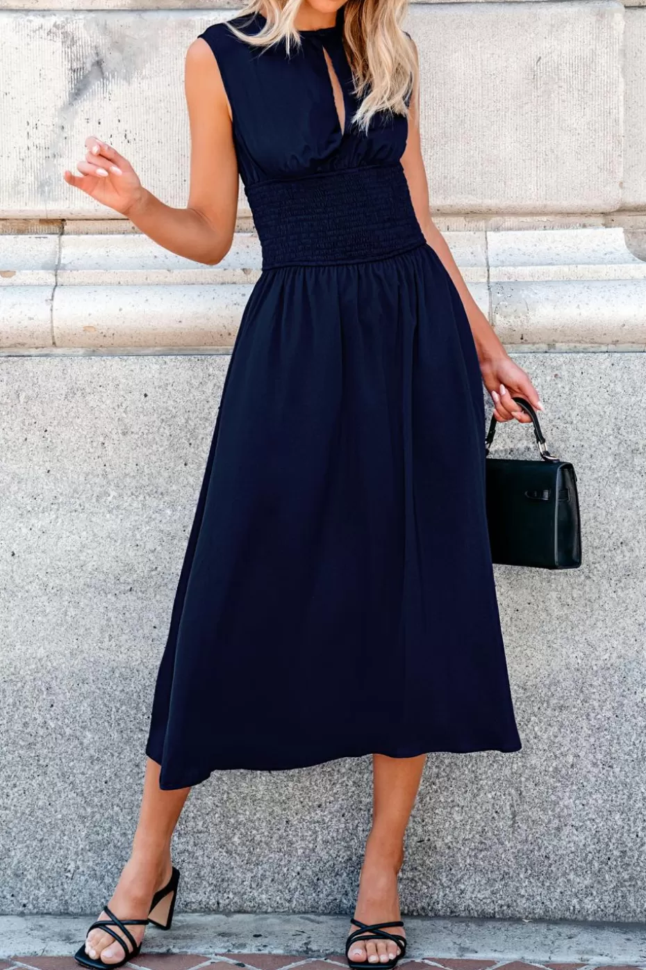 Store Cupshe Round Neck Sleeveless Smocked Waist Midi Dress Blue