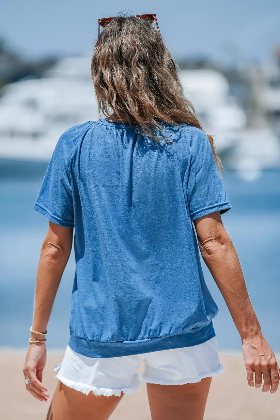 Hot Cupshe Short Sleeve V-Neck Jersey Tee Blue