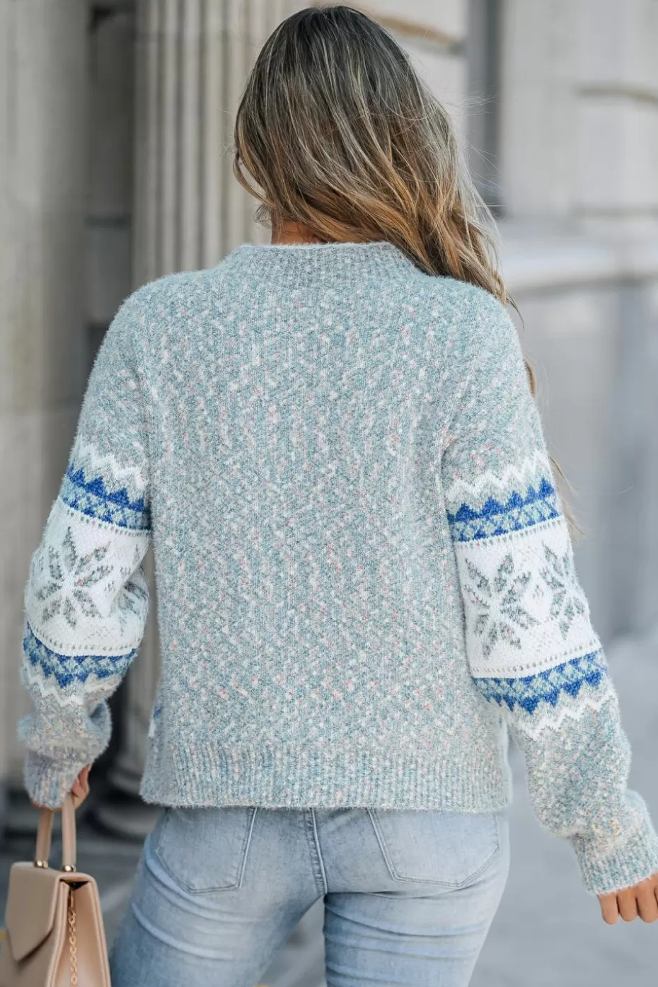 New Cupshe Snowflake High Neck Long Sleeve Sweater Blue