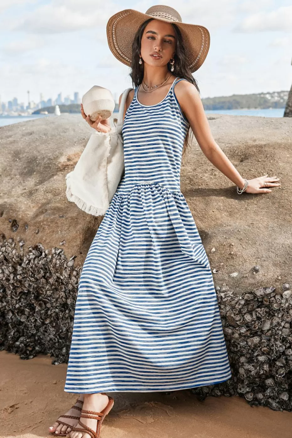 Shop Cupshe Stripe Scoop Neck Drop Waist Maxi Dress Blue