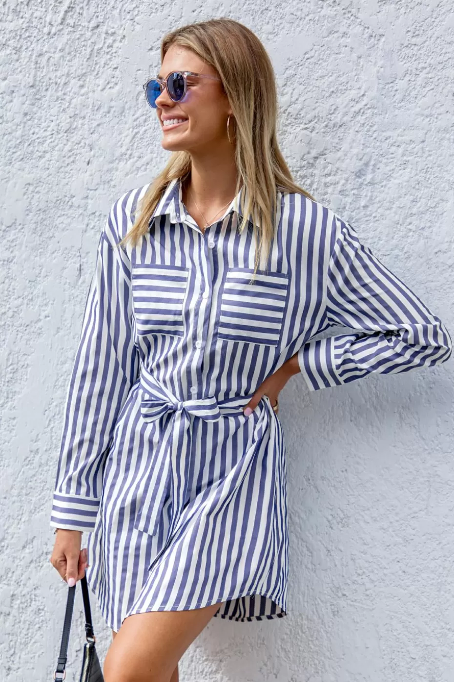 Cheap Cupshe Striped Collared Long Sleeve Mini Shirt Dress Blue