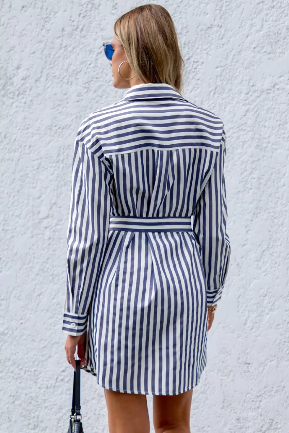 Cheap Cupshe Striped Collared Long Sleeve Mini Shirt Dress Blue