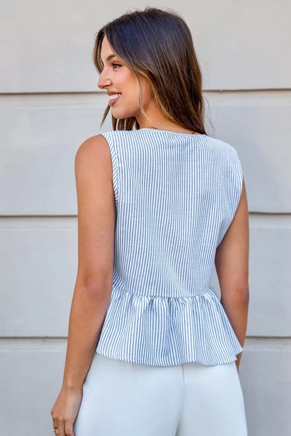 Sale Cupshe Striped Front Tie Ruffled Hem Blouse Blue