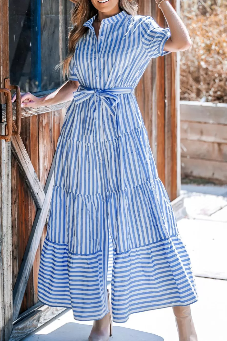 Cheap Cupshe Striped Puff Sleeve Front Button Maxi Dress Blue