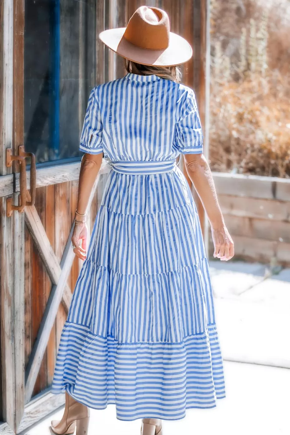 Cheap Cupshe Striped Puff Sleeve Front Button Maxi Dress Blue