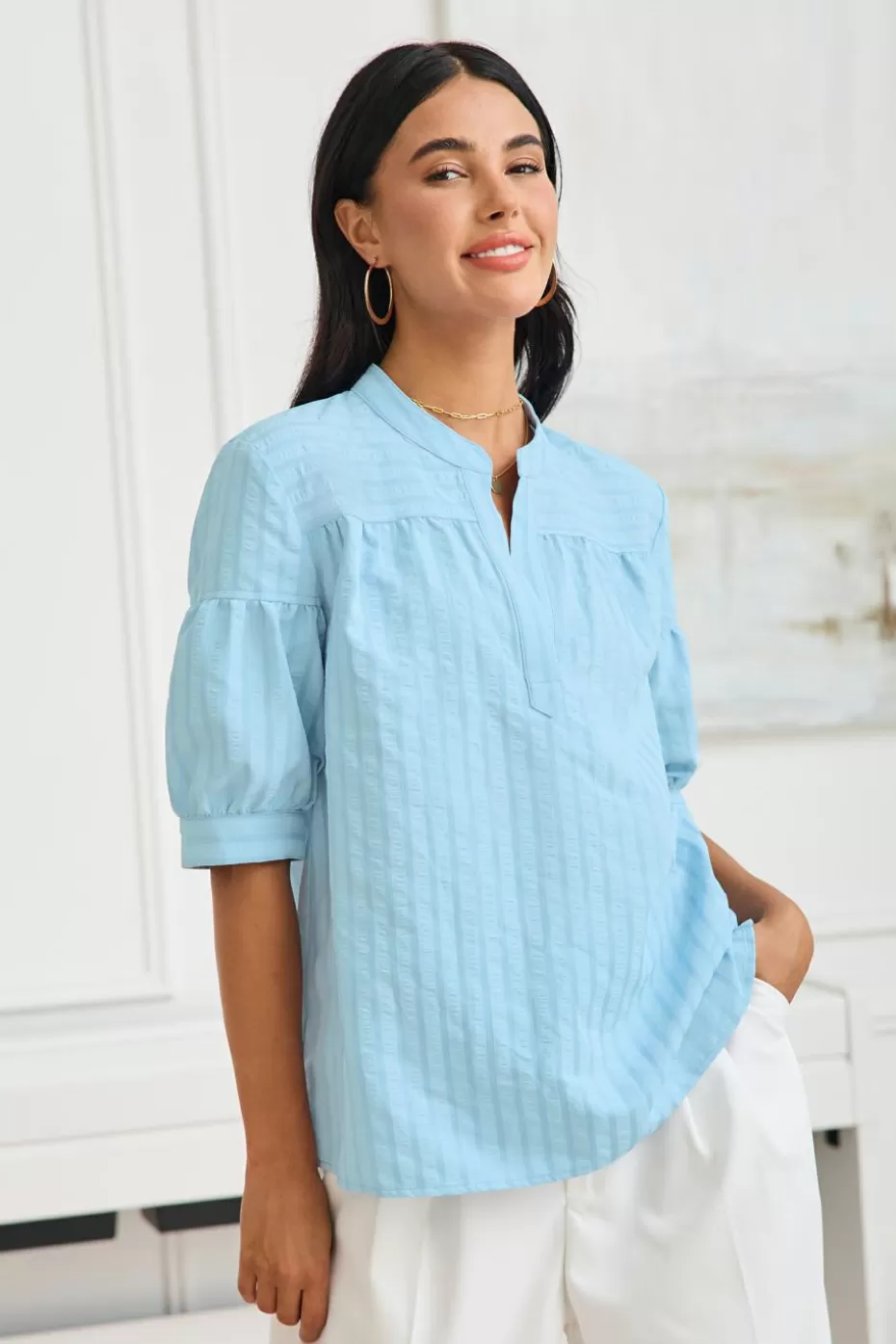 New Cupshe Tonal Striped Puff Sleeve Blouse Blue