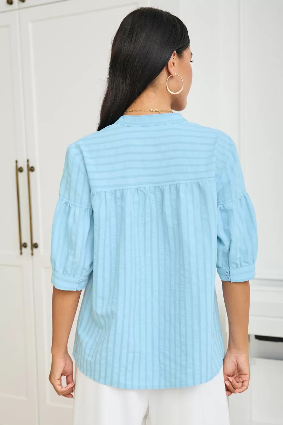 New Cupshe Tonal Striped Puff Sleeve Blouse Blue