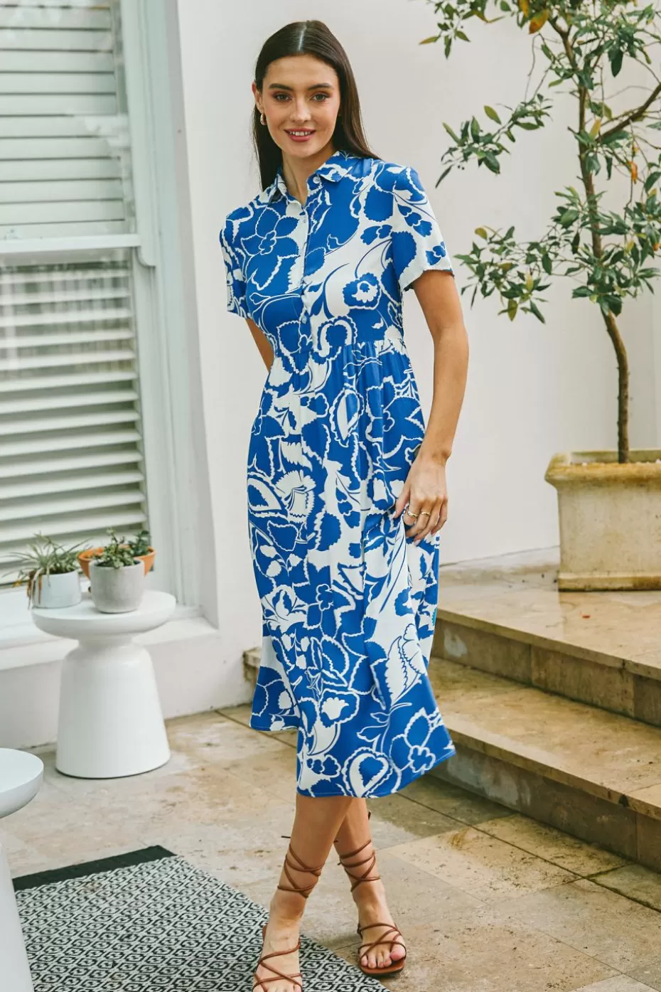 Fashion Cupshe Blue Tropical Floral Collared Midi Shirt Dress White