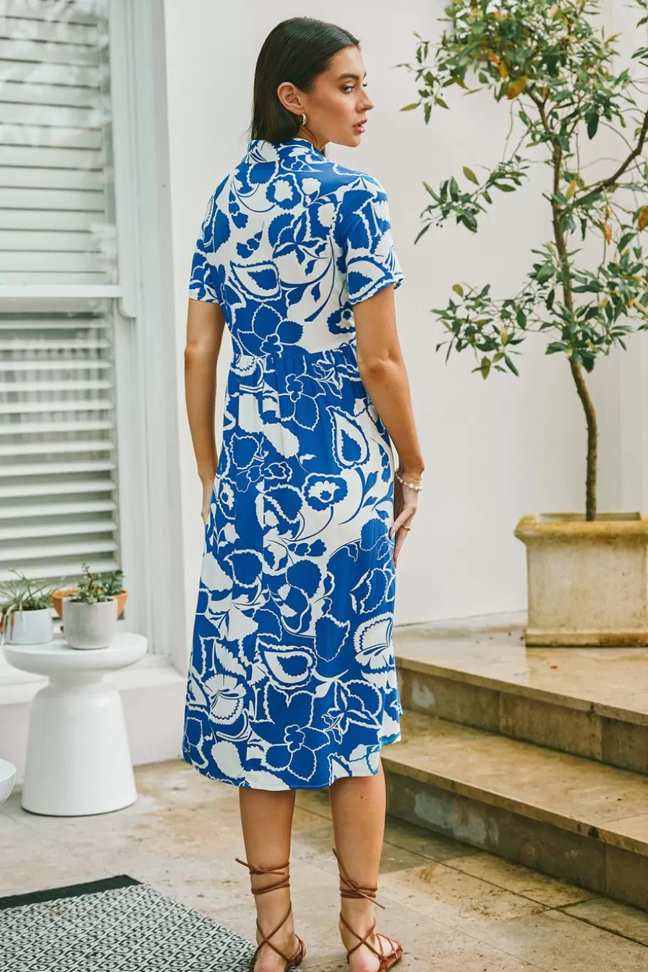 Fashion Cupshe Blue Tropical Floral Collared Midi Shirt Dress White