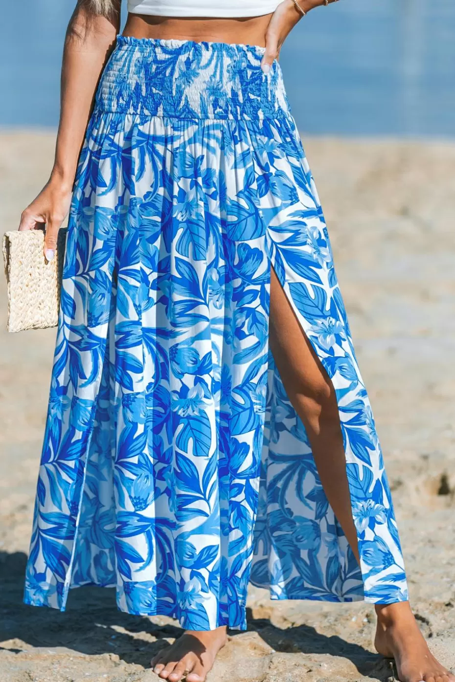 Shop Cupshe Tropical Smocked Waist Maxi Cover-Up Skirt Blue