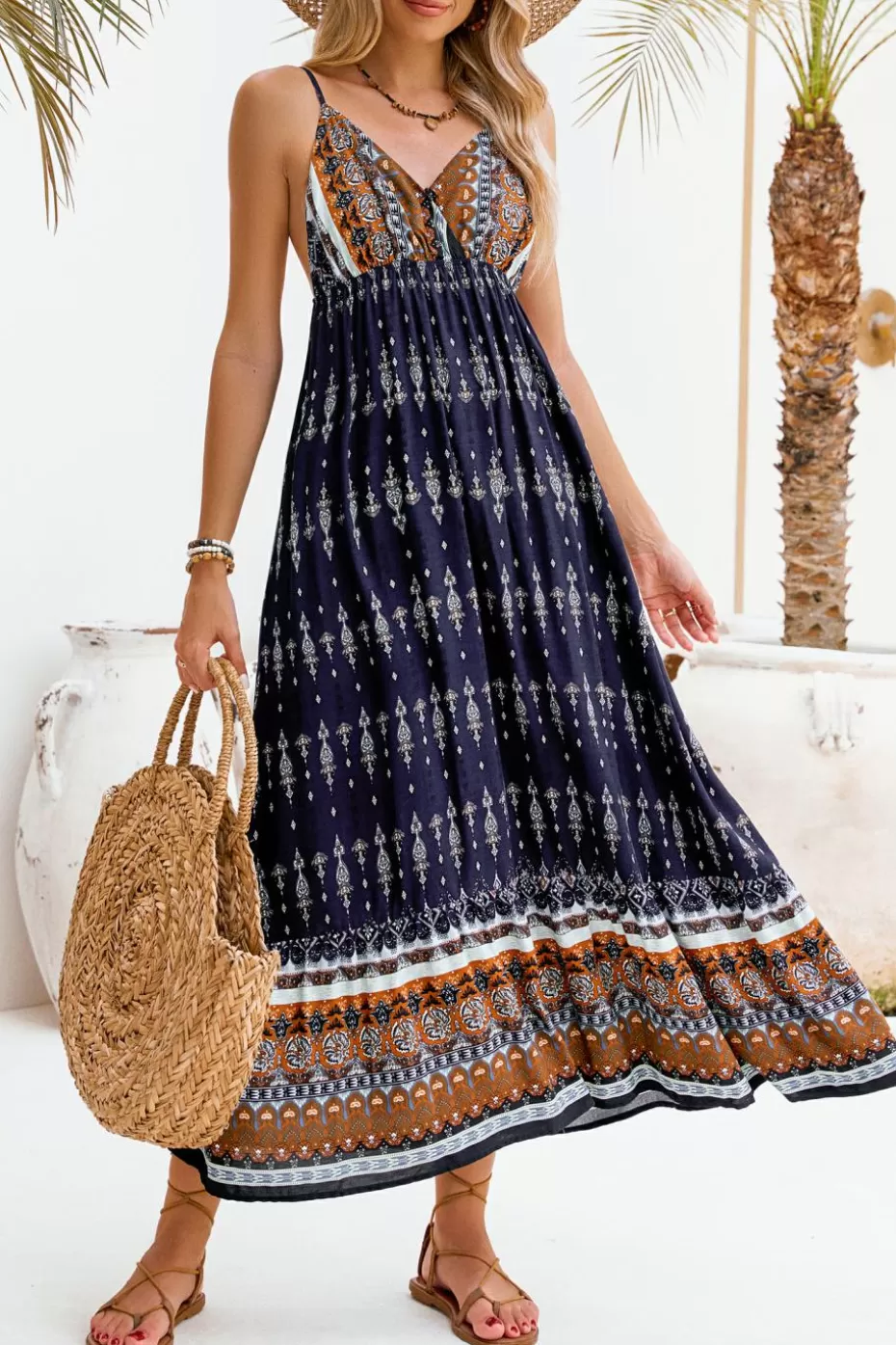 Shop Cupshe Boho Contrast Pattern Sleeveless Midi Dress Navy