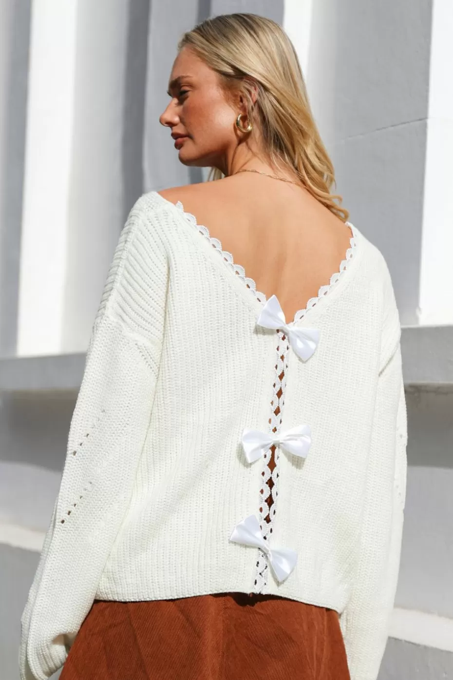 Best Cupshe Bow Knit V-Neck Long Sleeve Sweater White