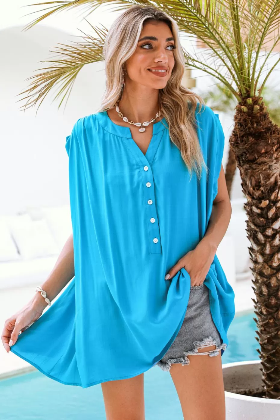 Sale Cupshe Bright Blue Ruched Shoulder Mini Cover-Up Blue-Blue