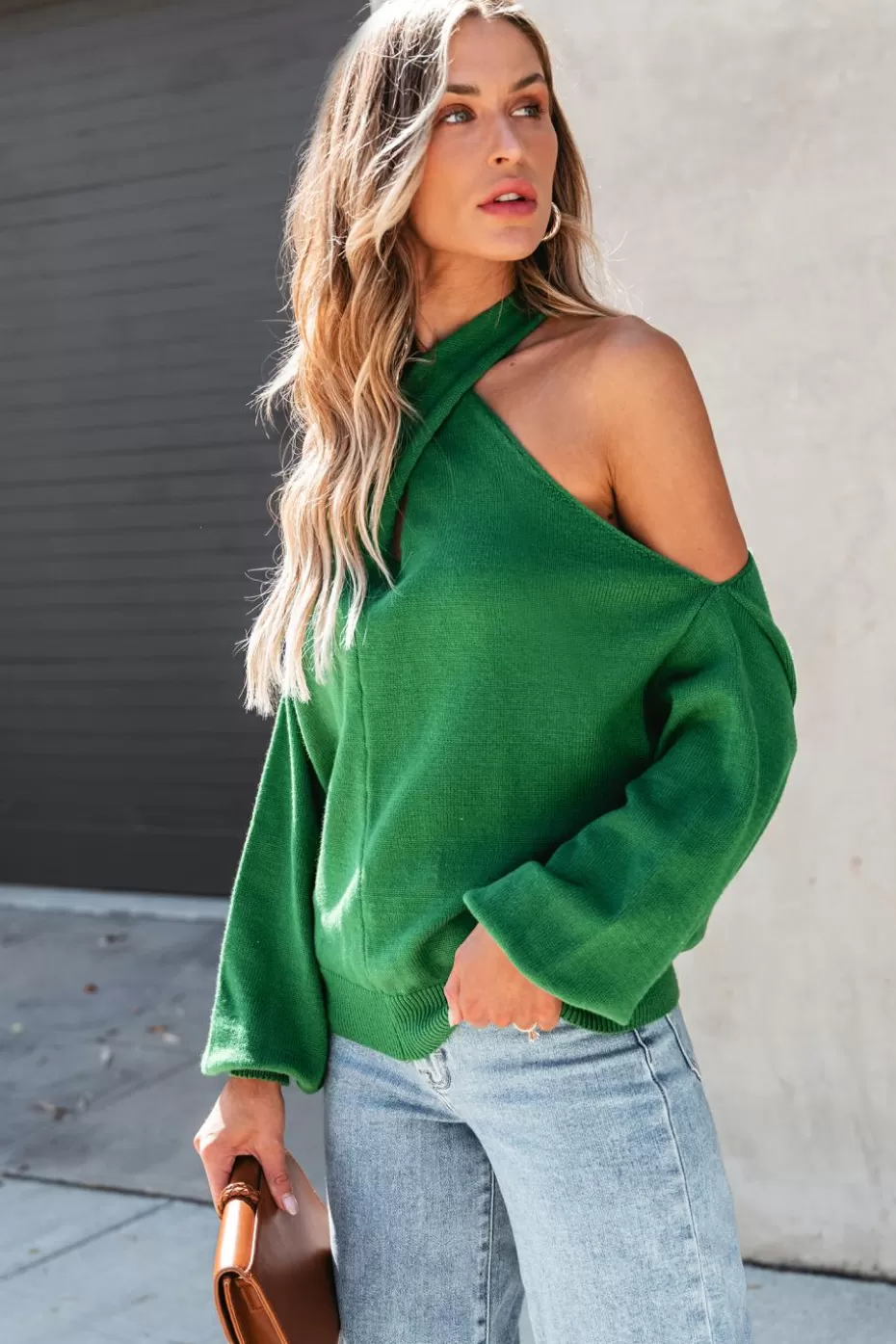 Online Cupshe Bright Spark Emerald Open-Shoulder Sweater Green