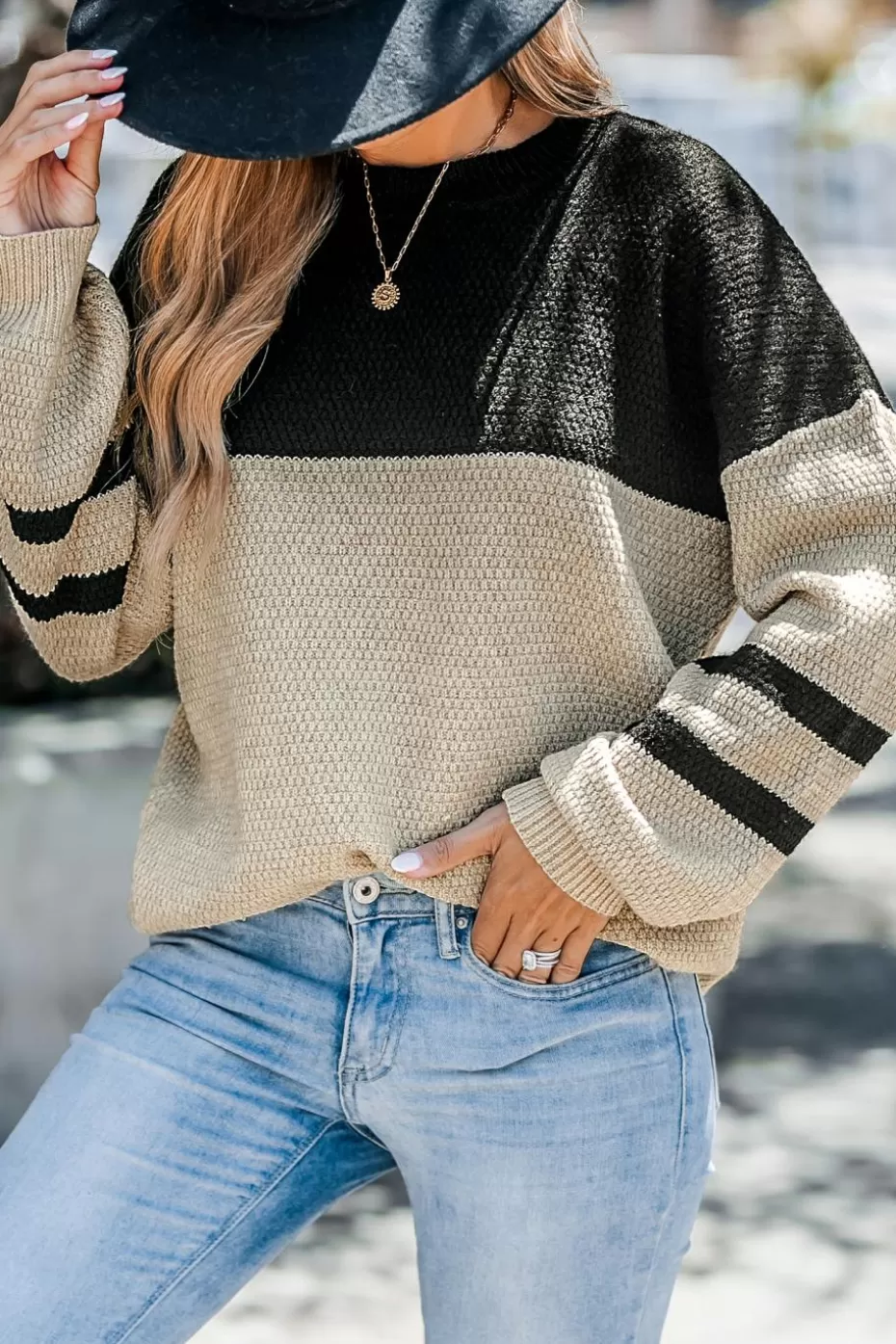 Outlet Cupshe Brown & Colorblock Long Puff Sleeve Sweater Black