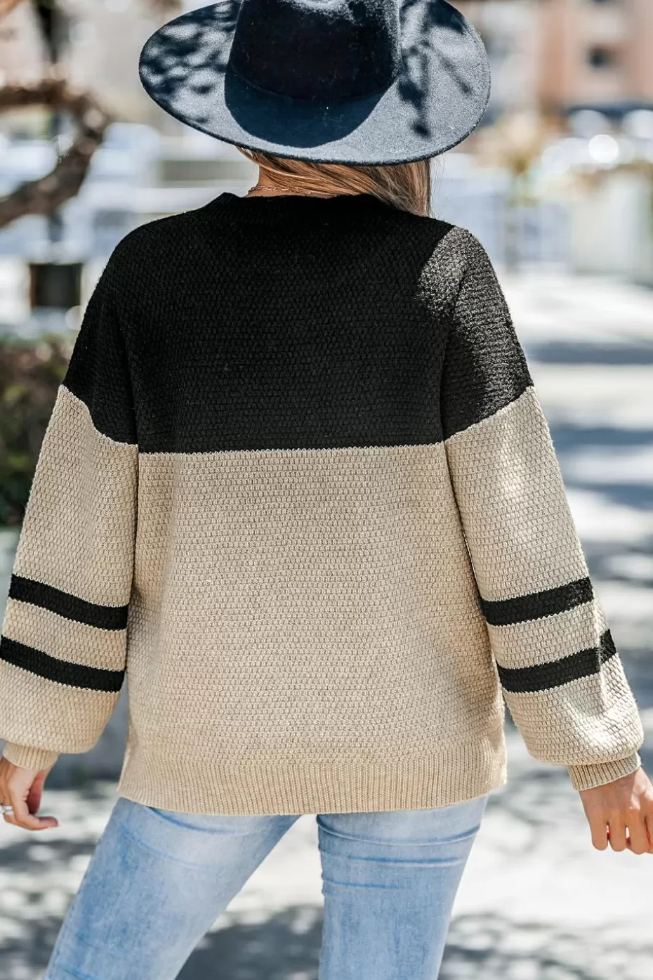 Outlet Cupshe Brown & Colorblock Long Puff Sleeve Sweater Black