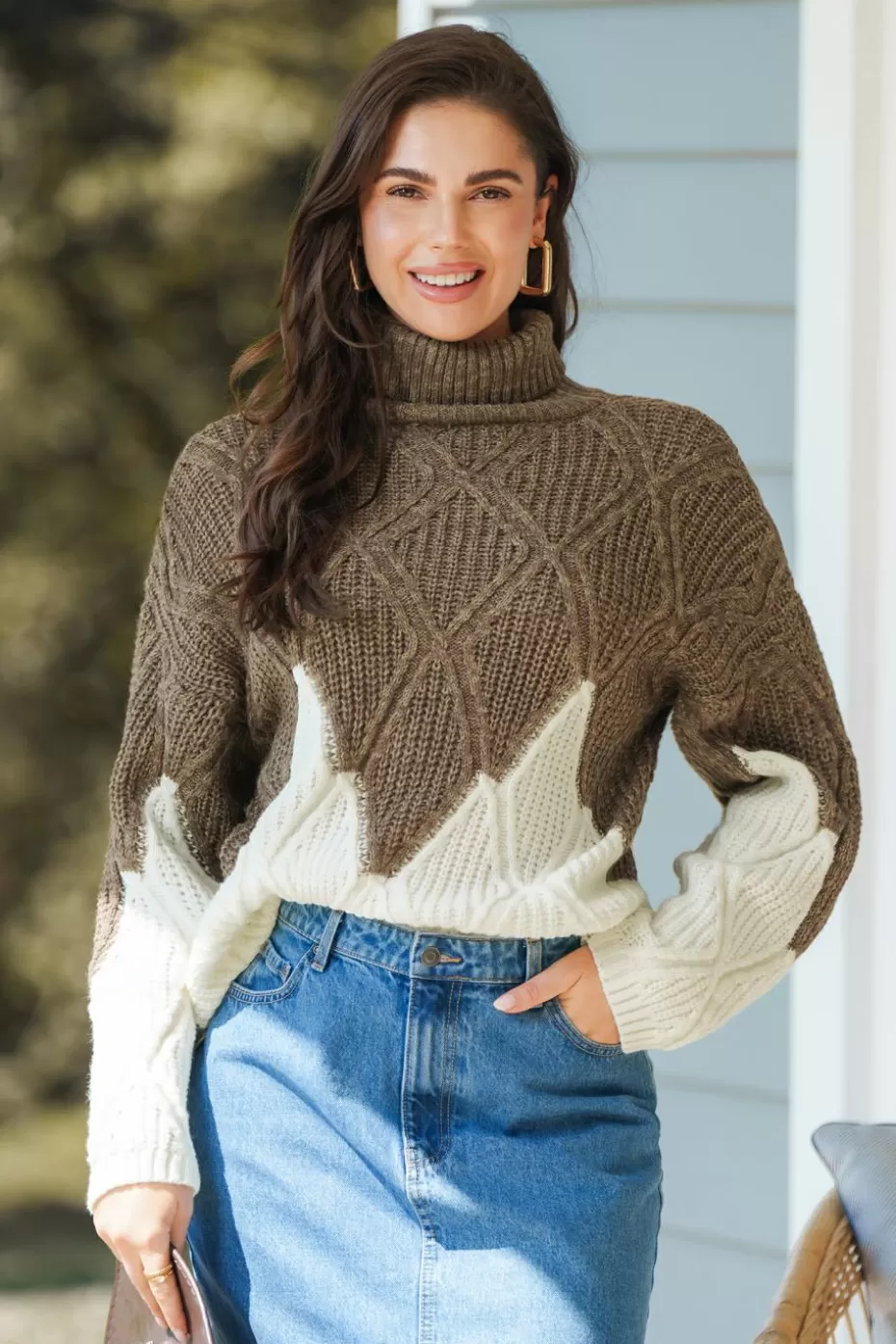 Online Cupshe Brown & White Colorblock Long Sleeve Turtleneck Sweater Coffee/Espresso/Tobacco