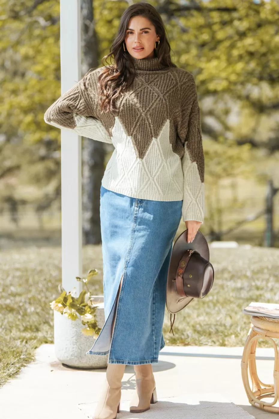 Online Cupshe Brown & White Colorblock Long Sleeve Turtleneck Sweater Coffee/Espresso/Tobacco