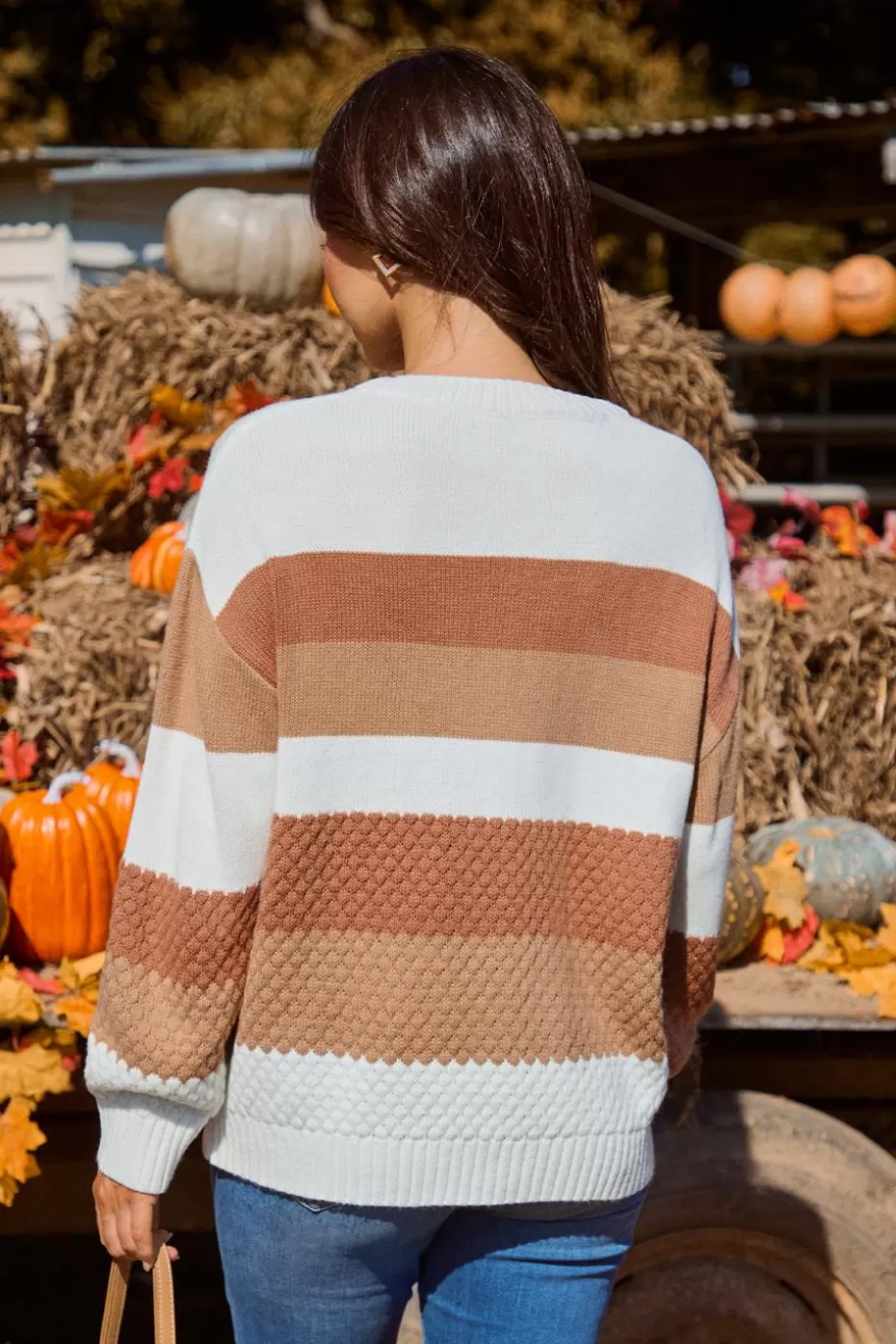 Online Cupshe Brown & Stripe Round Neck Long Sleeve Sweater White