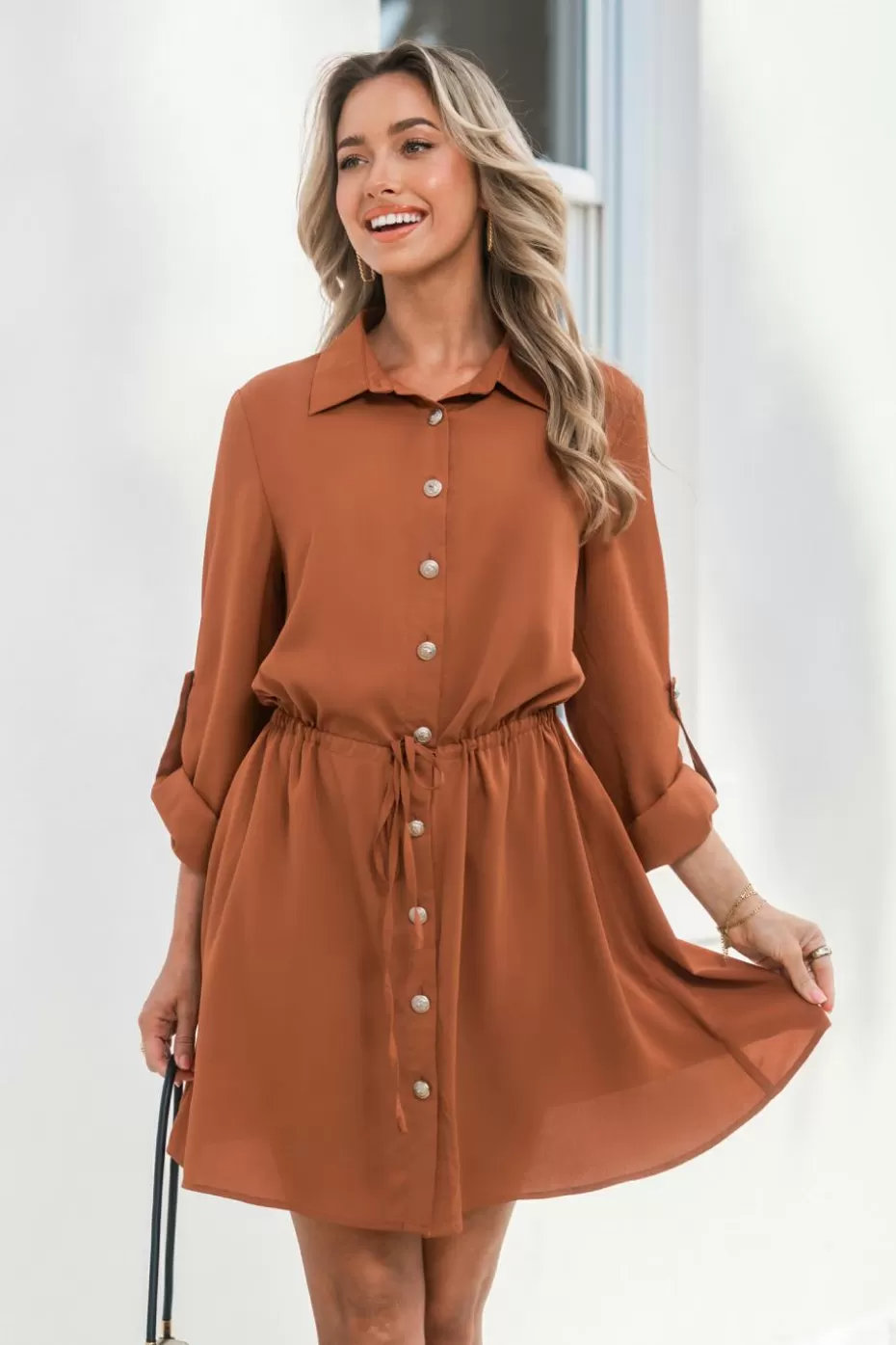 Cheap Cupshe Collared Long Sleeve Mini Dress Brown