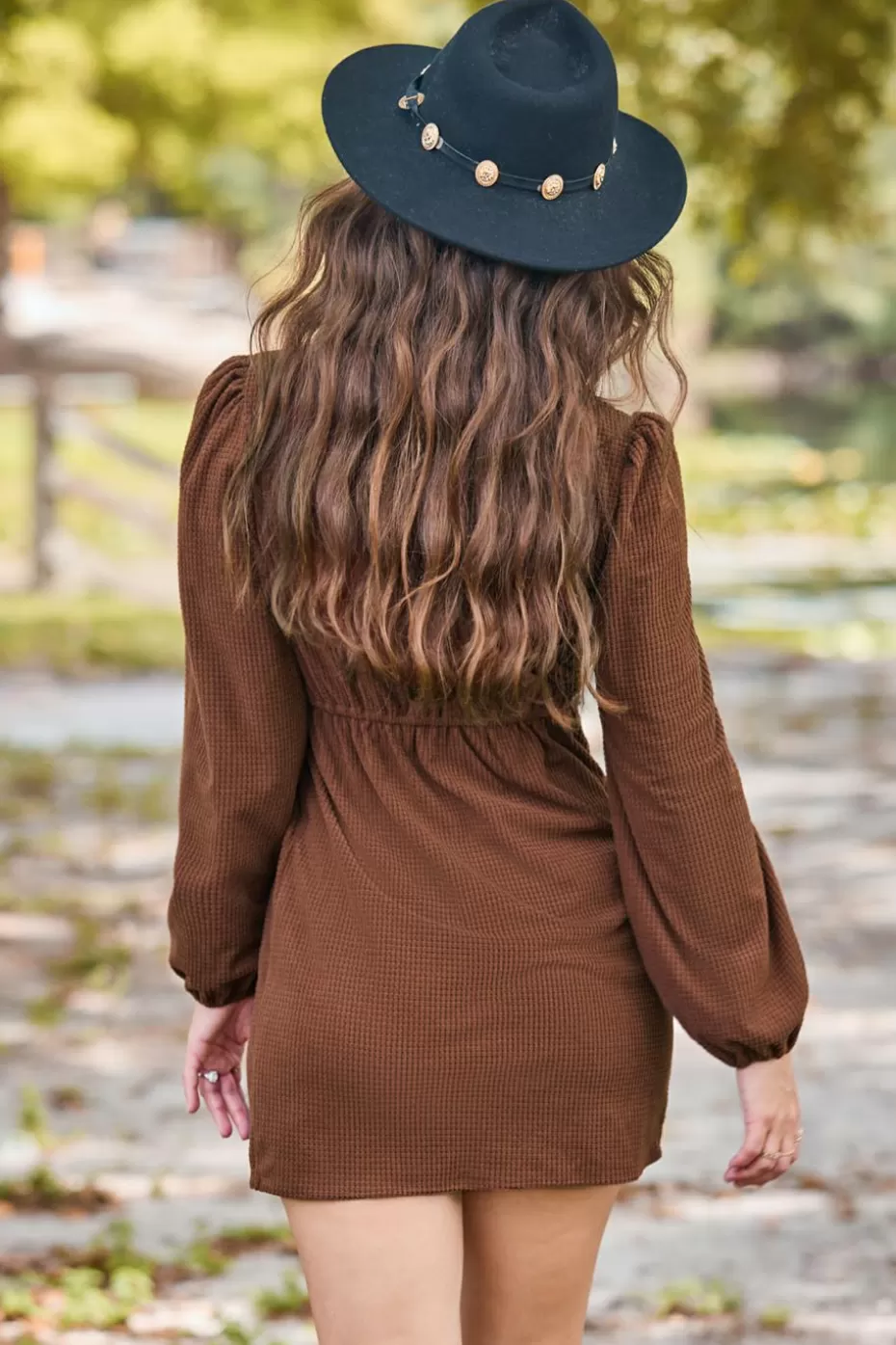 Sale Cupshe Corduroy Long Puff Sleeve Wrap Mini Dress Brown