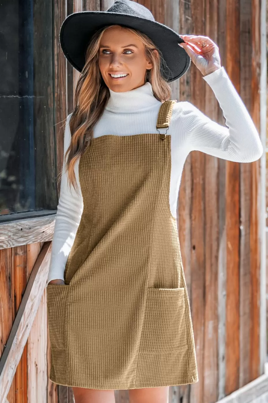 Sale Cupshe Corduroy Patch Pocket Mini Overall Dress Brown