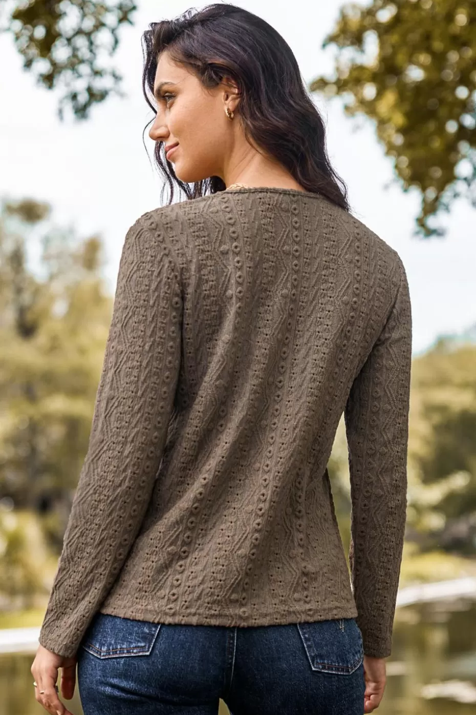 Best Sale Cupshe Brown Eyelet Long Sleeve Henley Light Brown