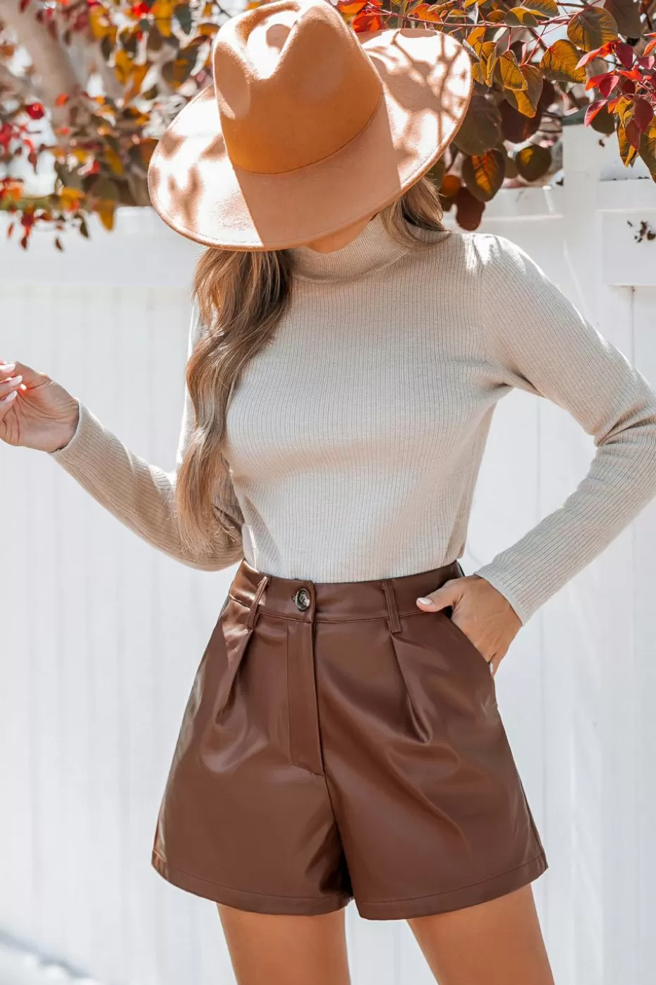 Hot Cupshe Brown Faux Leather Pocket Straight Leg Shorts Light Brown