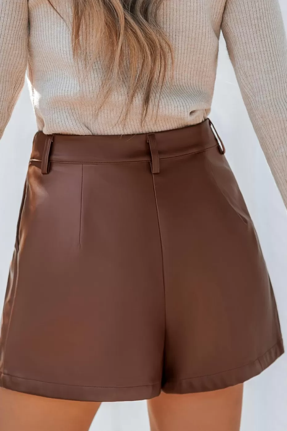 Hot Cupshe Brown Faux Leather Pocket Straight Leg Shorts Light Brown