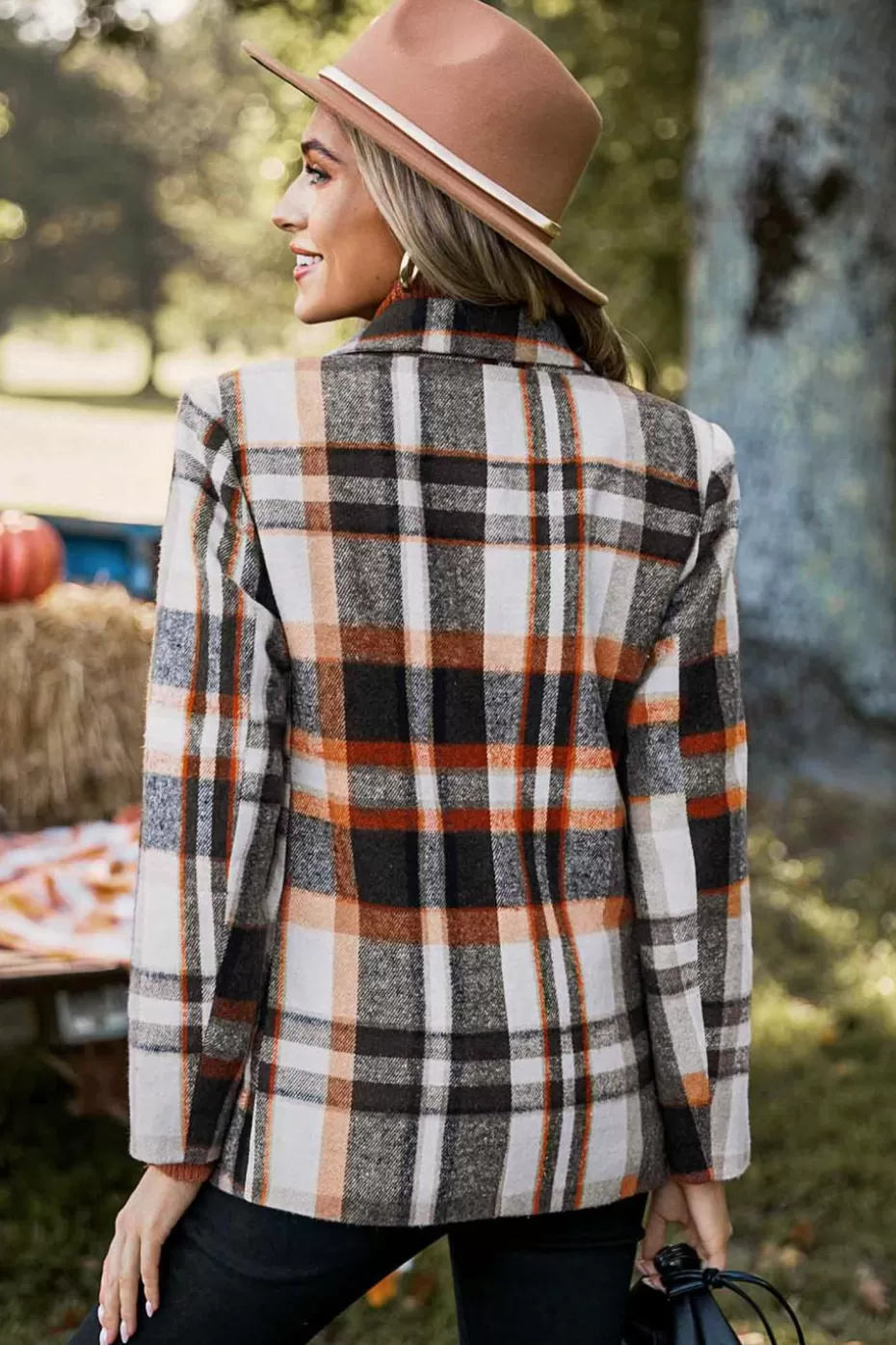 Store Cupshe Plaid Double-Breasted Blazer Brown