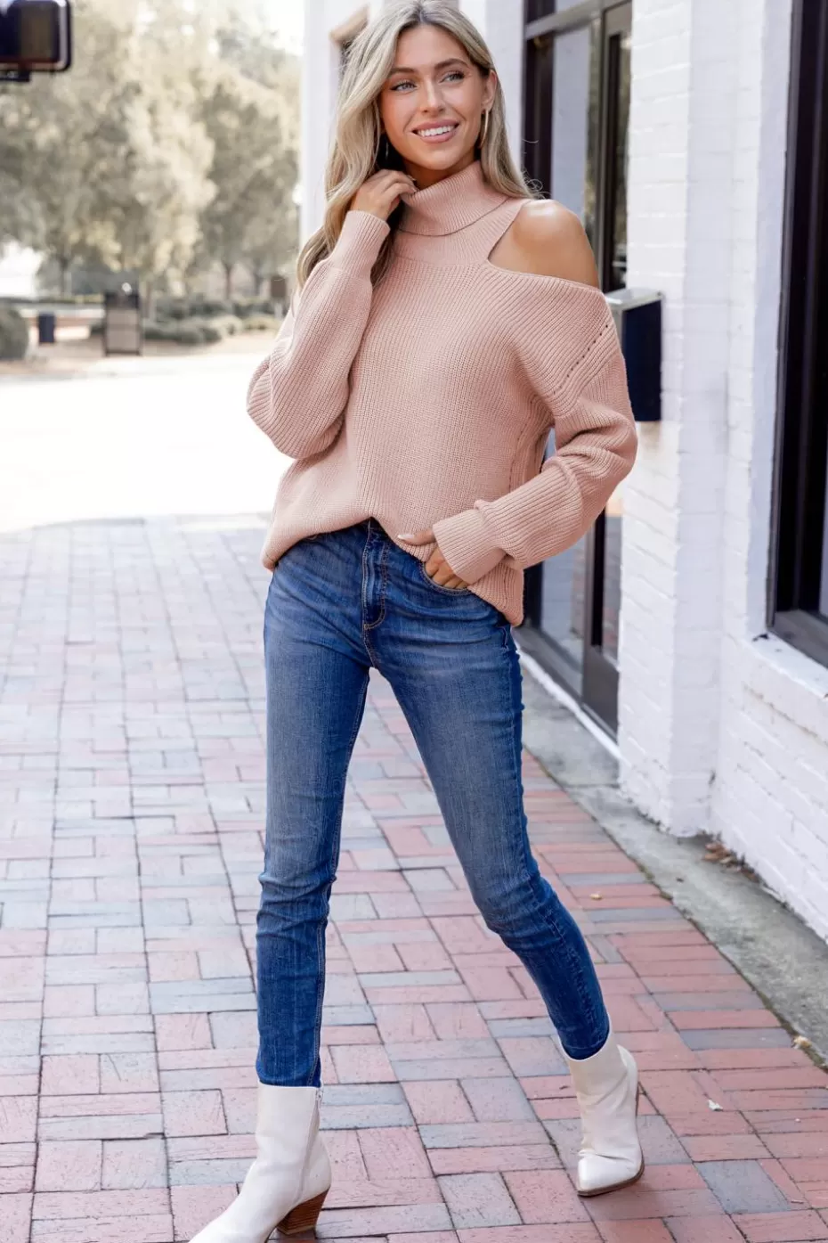 Fashion Cupshe Pink Cutout Shoulder Turtleneck Sweater Bubble Gum