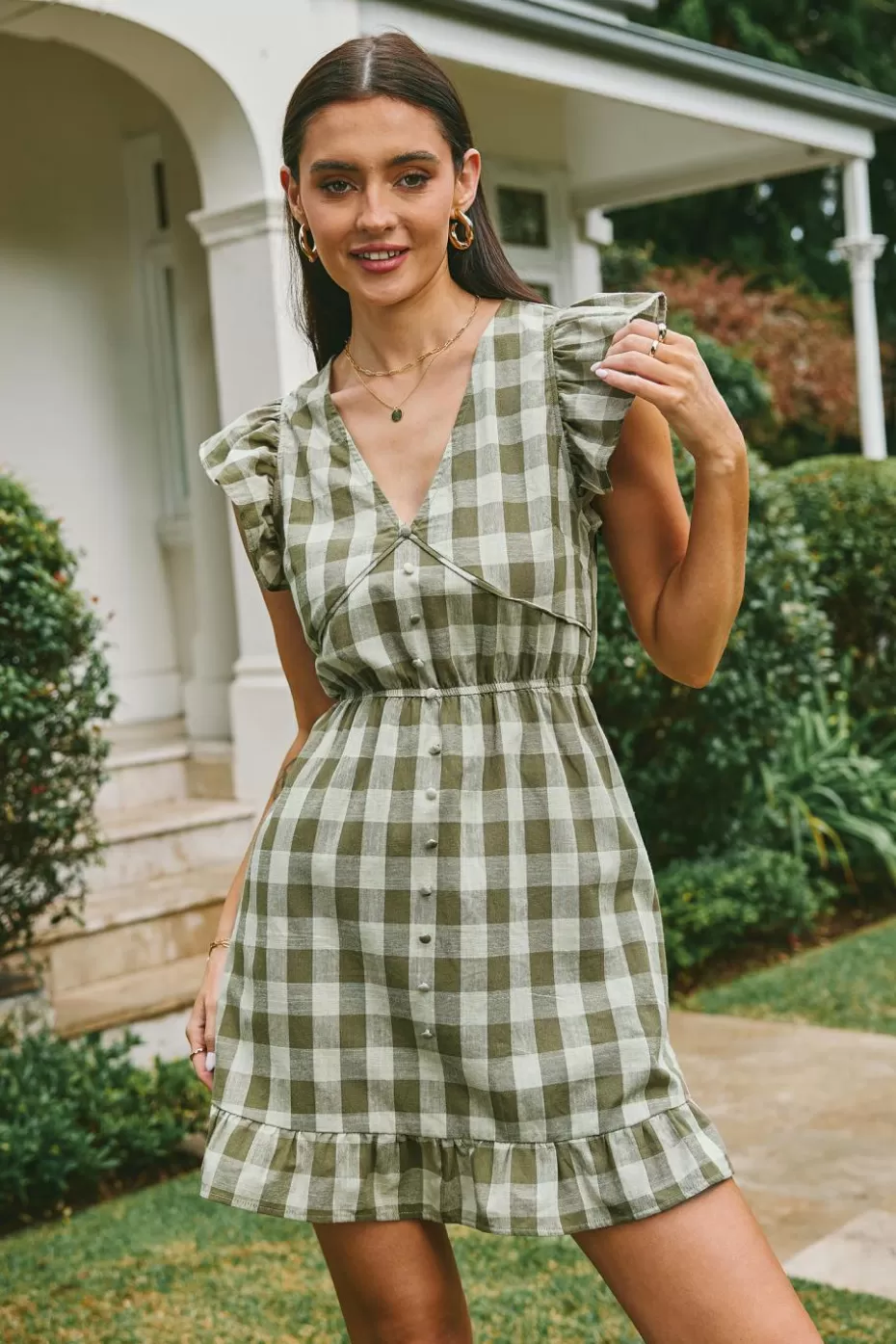 Outlet Cupshe Buffalo Plaid Ruffled Mini Dress Green