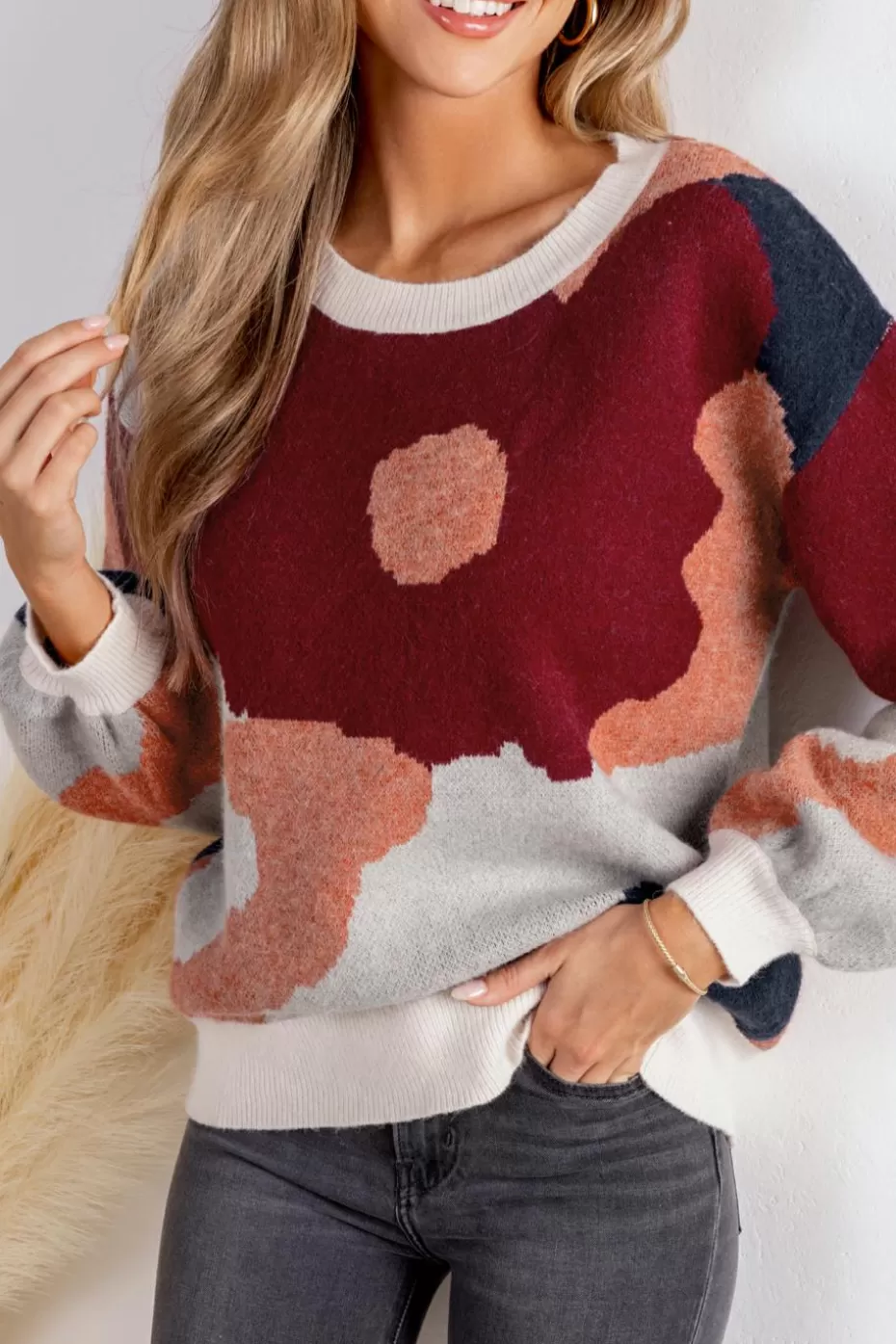 Discount Cupshe Burgundy Abstract Round Neck Long Sleeve Knit Sweater Red