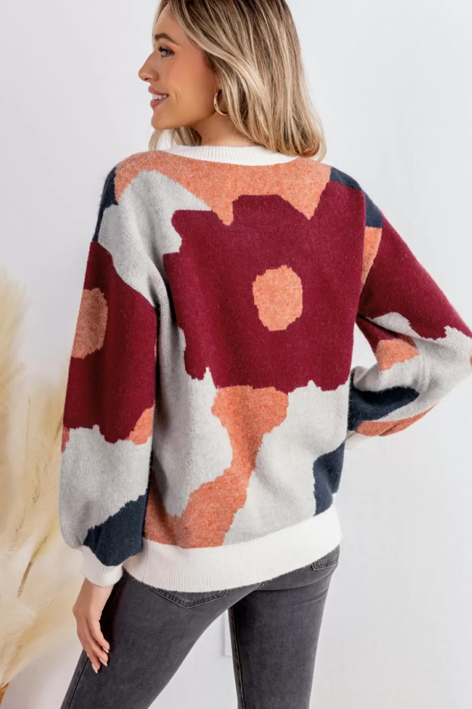 Discount Cupshe Burgundy Abstract Round Neck Long Sleeve Knit Sweater Red