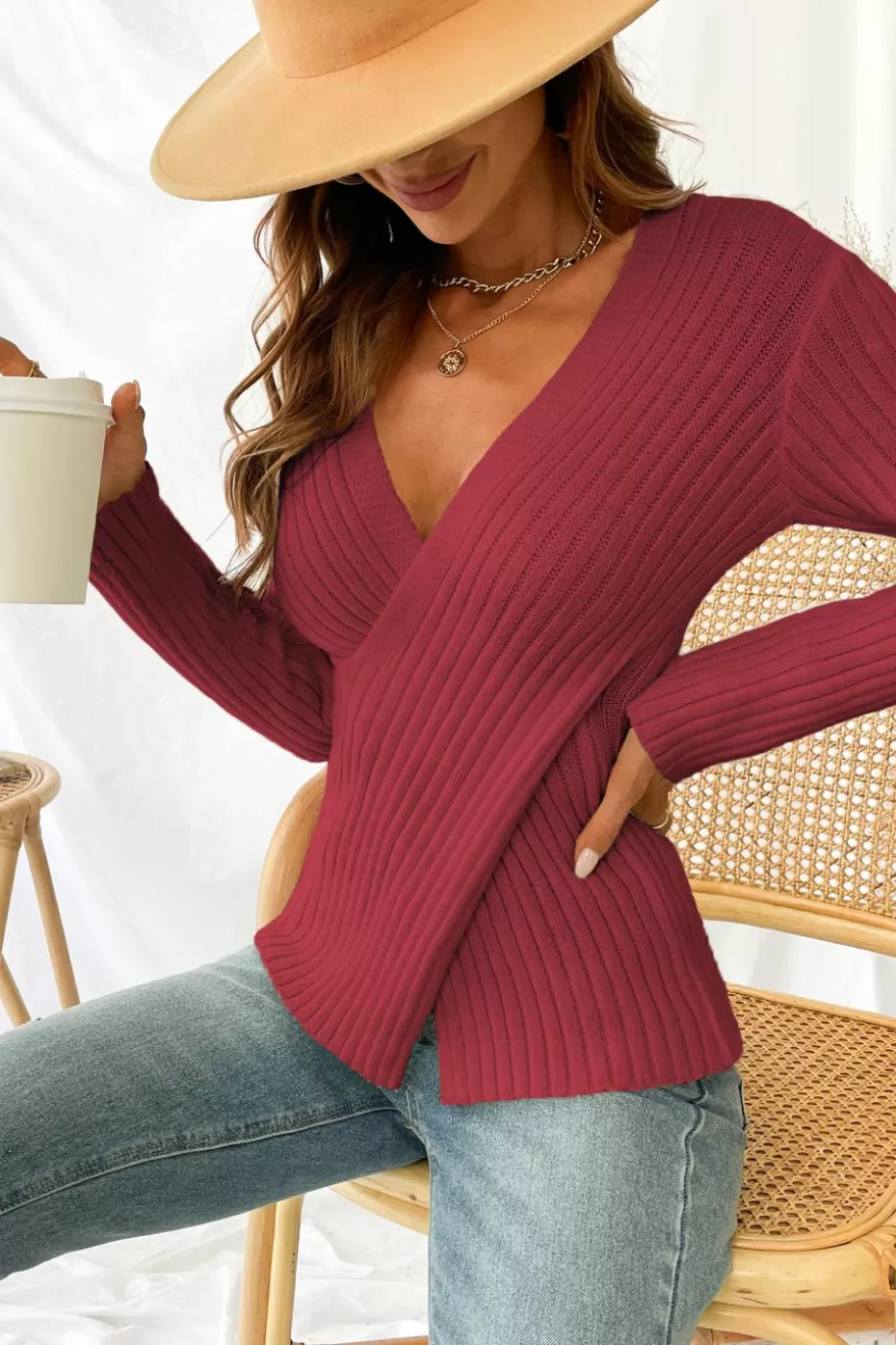 Best Cupshe Burgundy Classic Cozy Rib Wrap Sweater Burgandy
