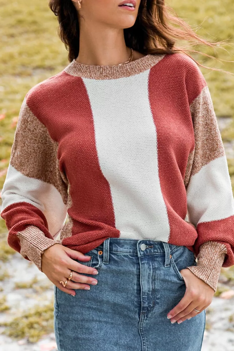 Store Cupshe Burgundy Colorblock Long Sleeve Sweater Brick