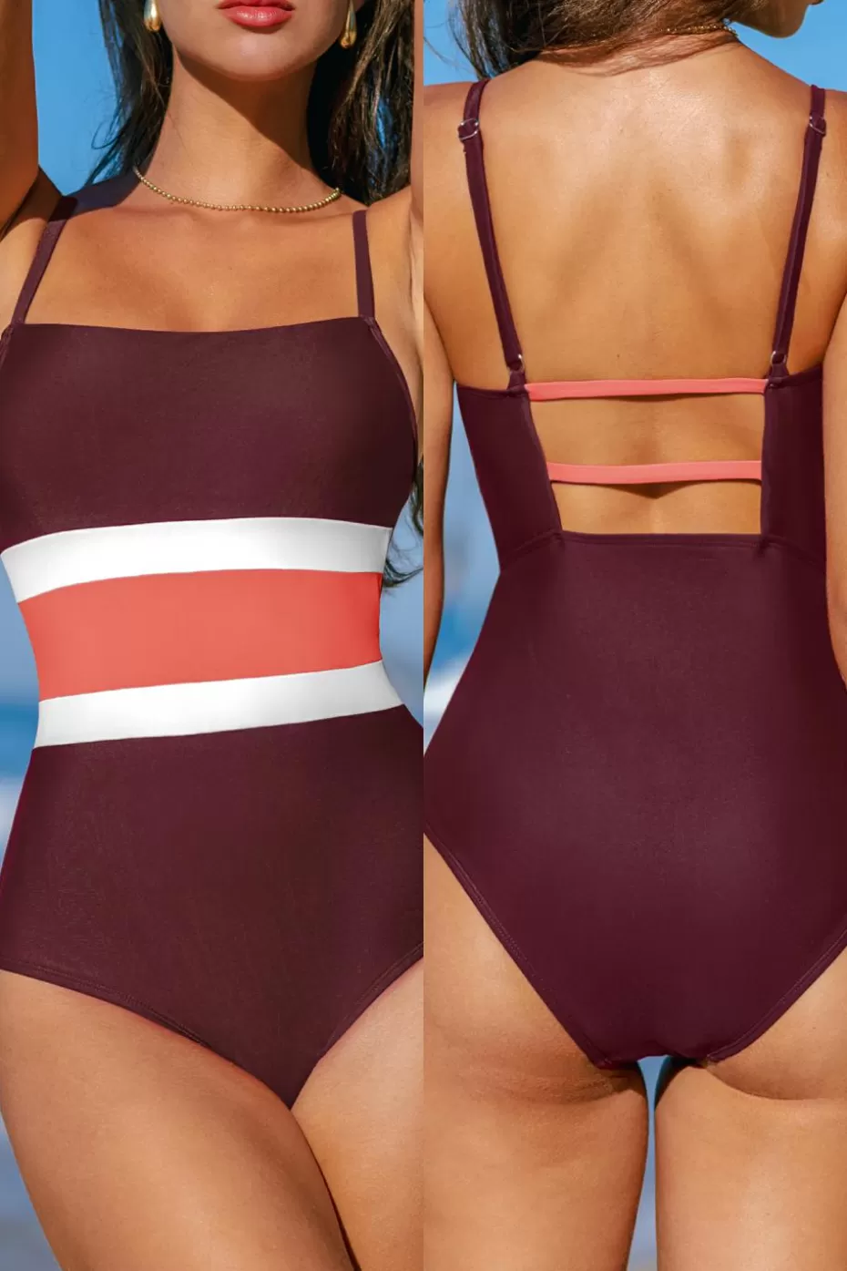 New Cupshe Burgundy Colorblock Square Neck One-Piece Burgandy
