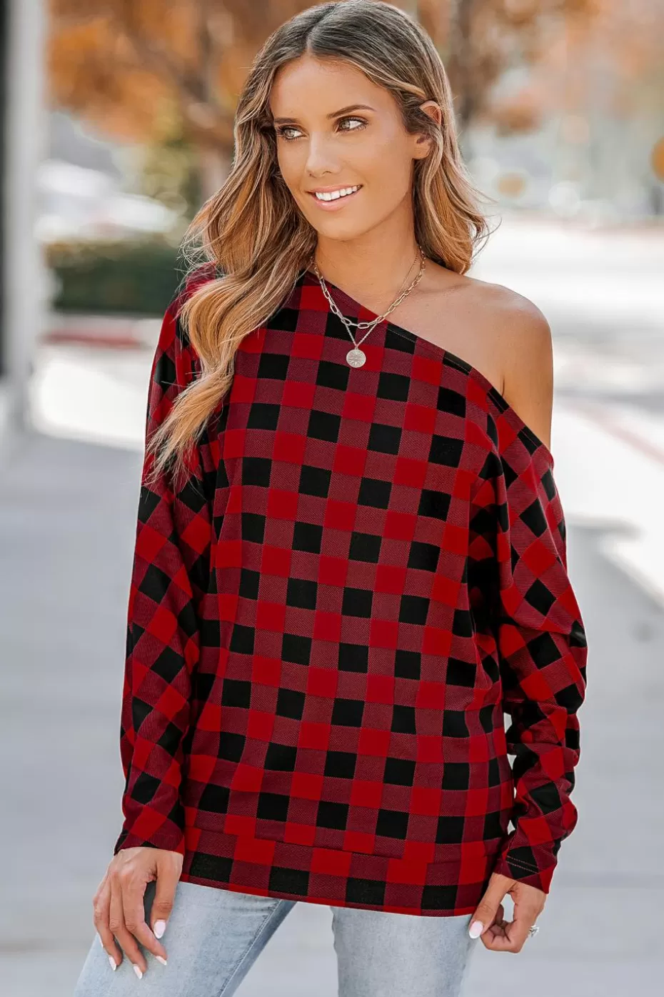 Store Cupshe Burgundy Gingham One Shoulder Long Sleeve Tee Red