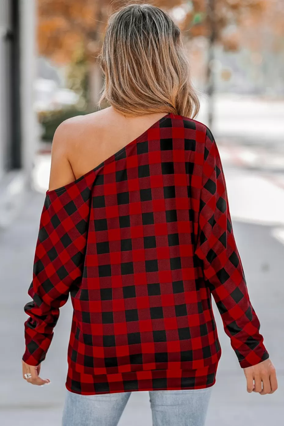 Store Cupshe Burgundy Gingham One Shoulder Long Sleeve Tee Red